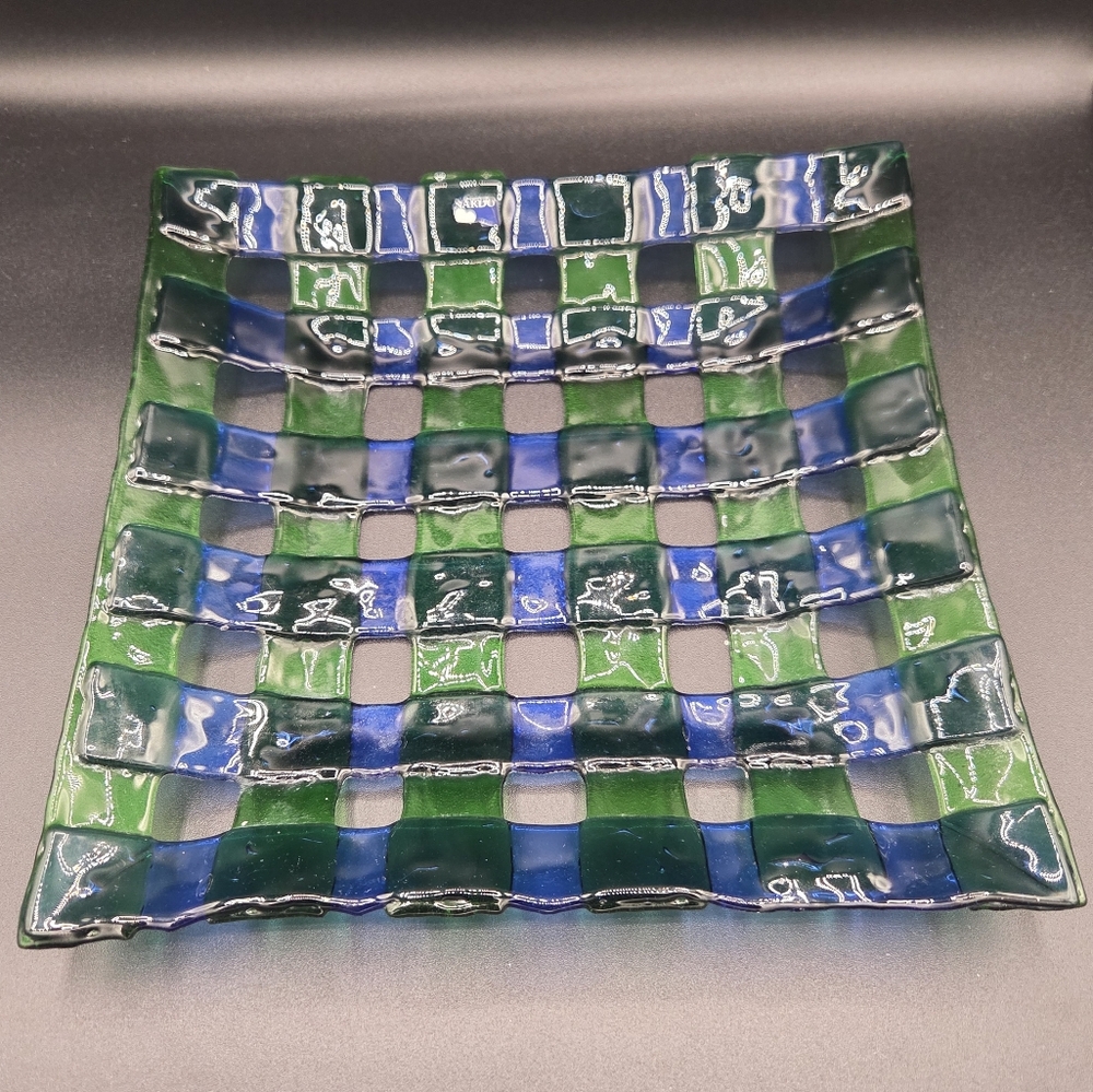 Vintage LEONARDO Blue and Green Checkered Basketweave Glass Art Plate